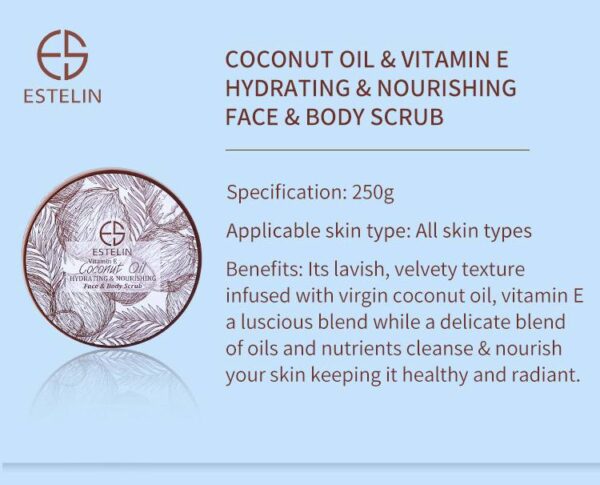 Coconut Oil & Vitamin E Hydrating & Nourishing Face & Body Scrub - 250g - Image 6